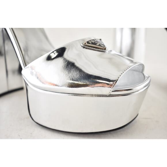 Prada 135mm Metallic Silver Logo Platform Sandal Ankle Strap Block Heel Pump 40 - Picture 8 of 16